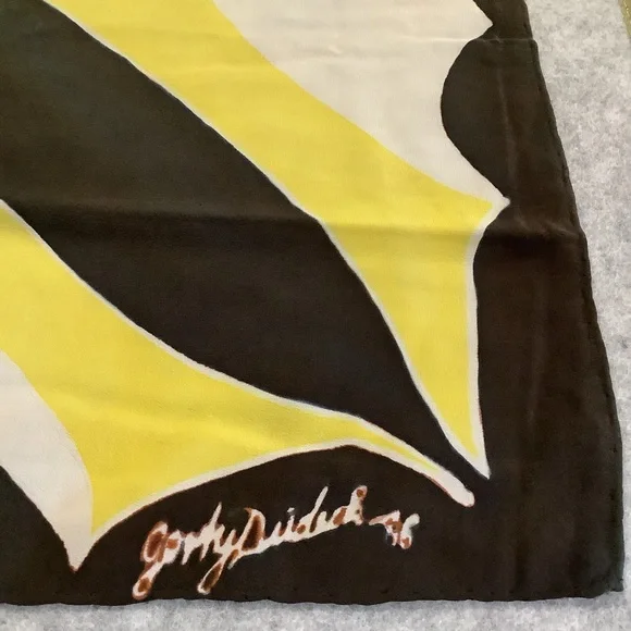 Yellow Black and White Vintage Scarf 70s Vibe Symmetrical Butterfly Signed - Picture 2 of 5